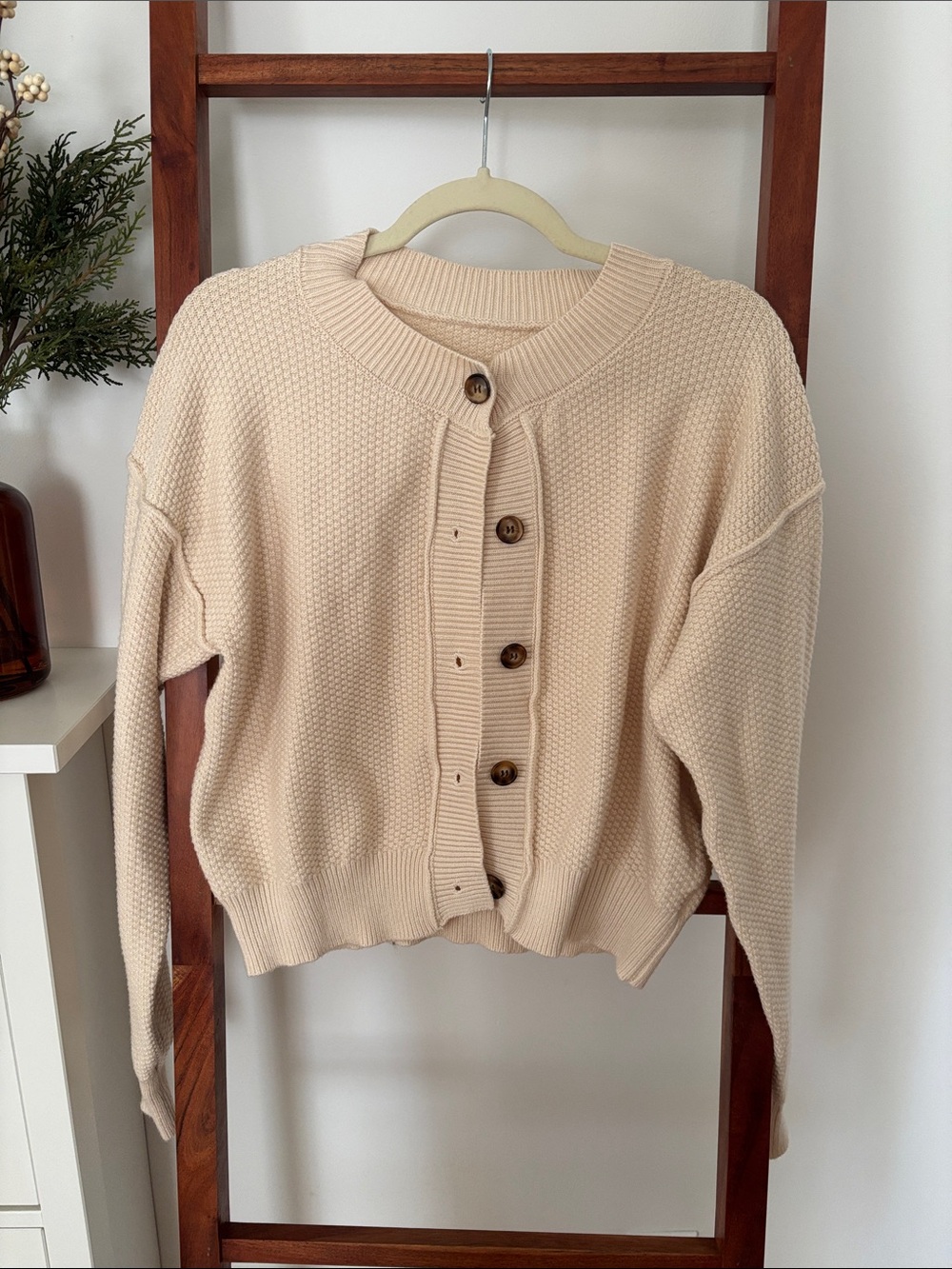 Cream Knit Button-Front Cardigan Sweater